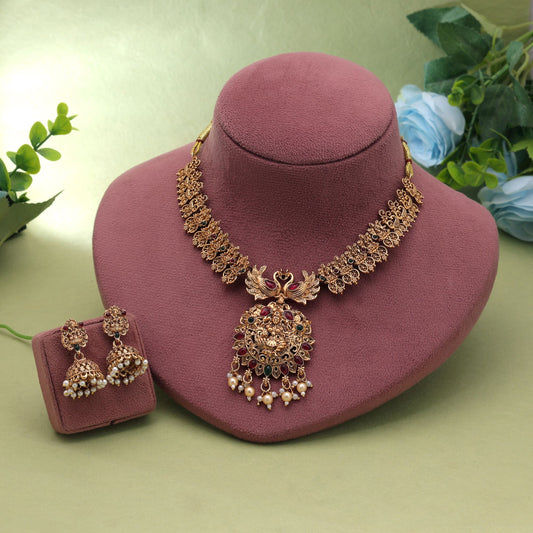 Rani & Green Color Temple Necklace Set with Charming Traditional Jewelry Finish