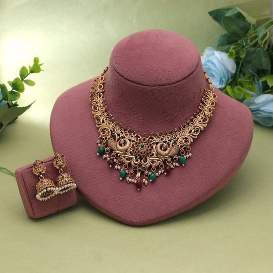 Maroon & Green Color Temple Necklace Set with Elegant Cultural Jewelry Design