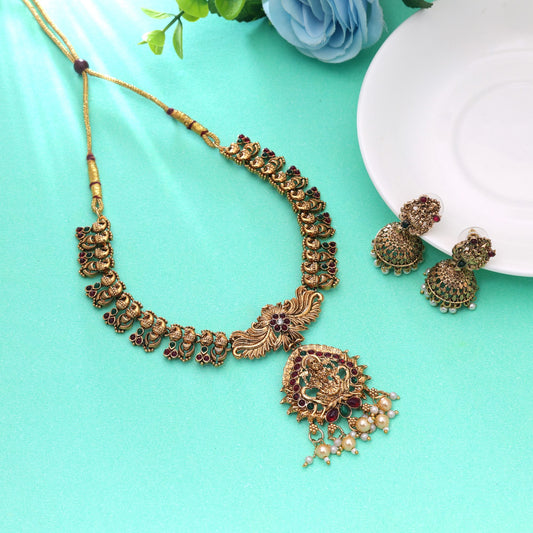 Maroon & Green Color Temple Necklace Set with Traditional Goddess Motif Design