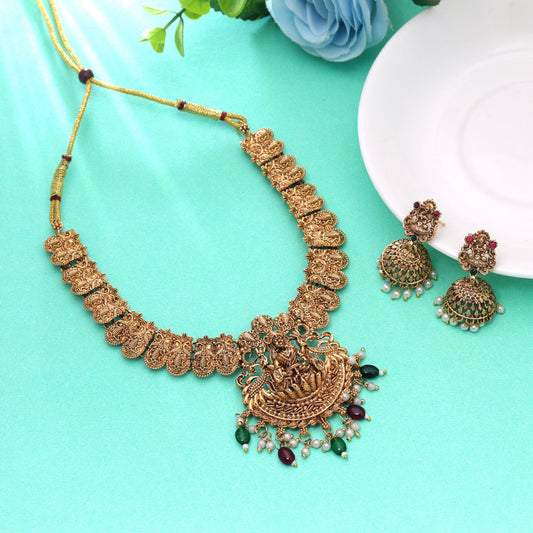Maroon & Green Color Temple Necklace Set Featuring Beautiful Designer Temple Work