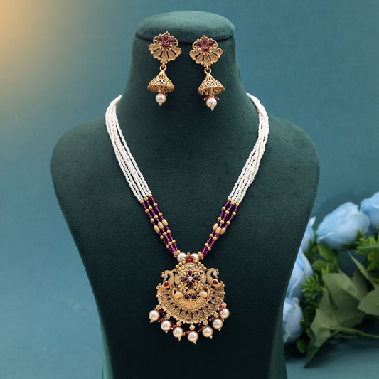 Red & Purple Color Temple Necklace Jewelry Set with Classic Handmade Design