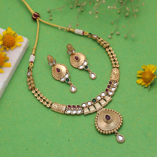 Multi Color Temple Necklace Jewelry Set with Royal Ethnic Traditional Jewelry Style