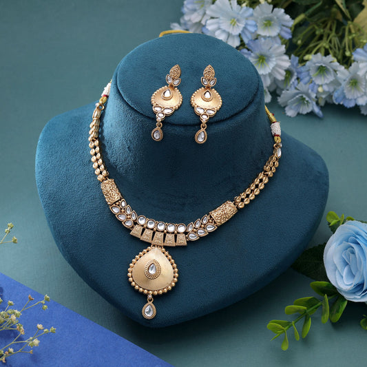White Color Temple Necklace Jewelry Set Featuring Elegant Antique Gold Finish