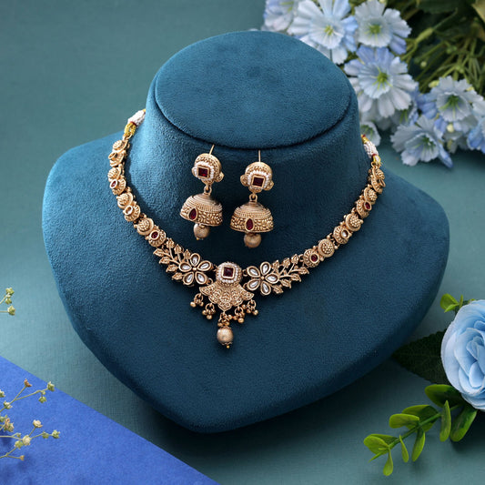 Rani Color Temple Necklace Jewelry Set with Beautiful Designer Ethnic Appeal