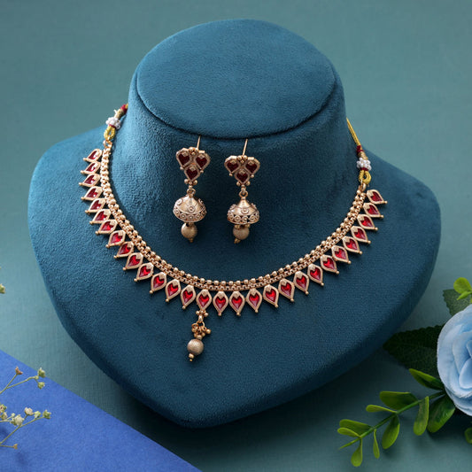 Red Color Temple Necklace Jewelry Set with Beautiful Traditional Jewelry Appeal