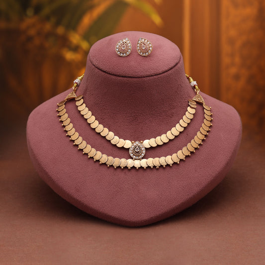 Timeless Diamond White Color Matte Gold Necklace Set With Elegant Stud Earrings