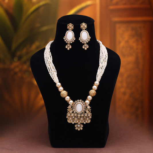 Ivory White Color Matte Gold Necklace Set Paired With Matching Dangle Earrings