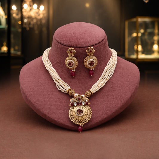 Vibrant Rani Pink Color Matte Gold Necklace Set Paired With Dangle Earrings
