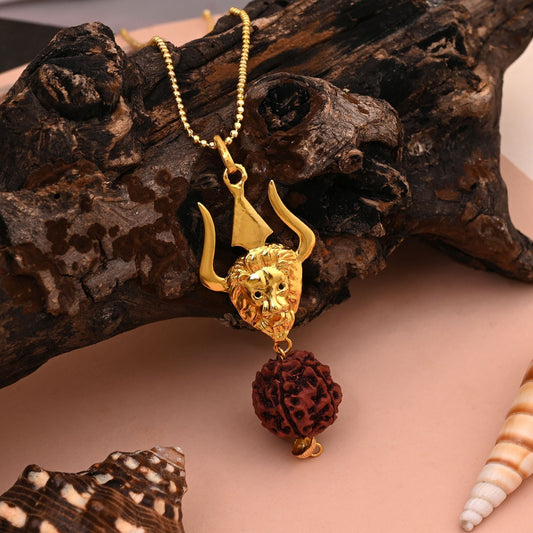 Traditional Gold Color Trishul Pendant Lord Shiva Rudraksha Mala Chain Necklace