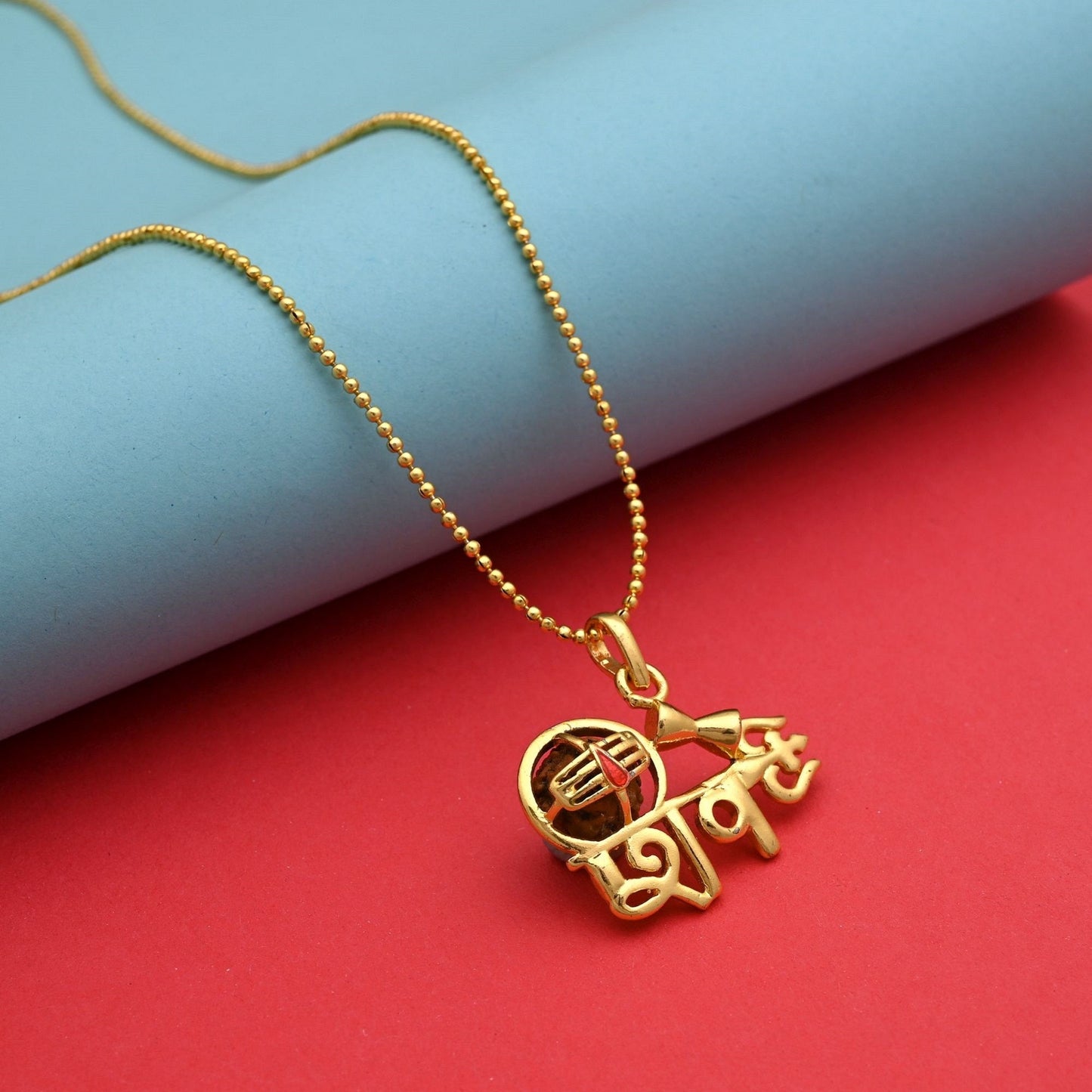 Sacred Gold Color Rudraksha Mala Chain Necklace With Shiva Trishul Design