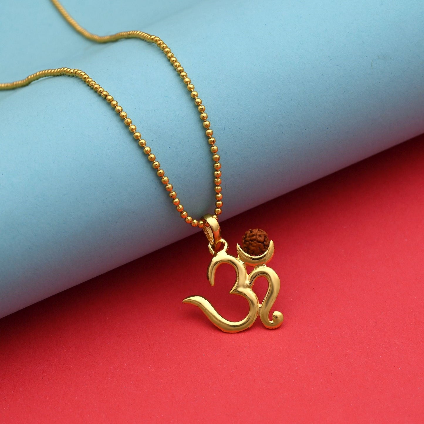 Pure Gold Color Om Emblem Rudraksha Mala Chain Necklace For Meditation