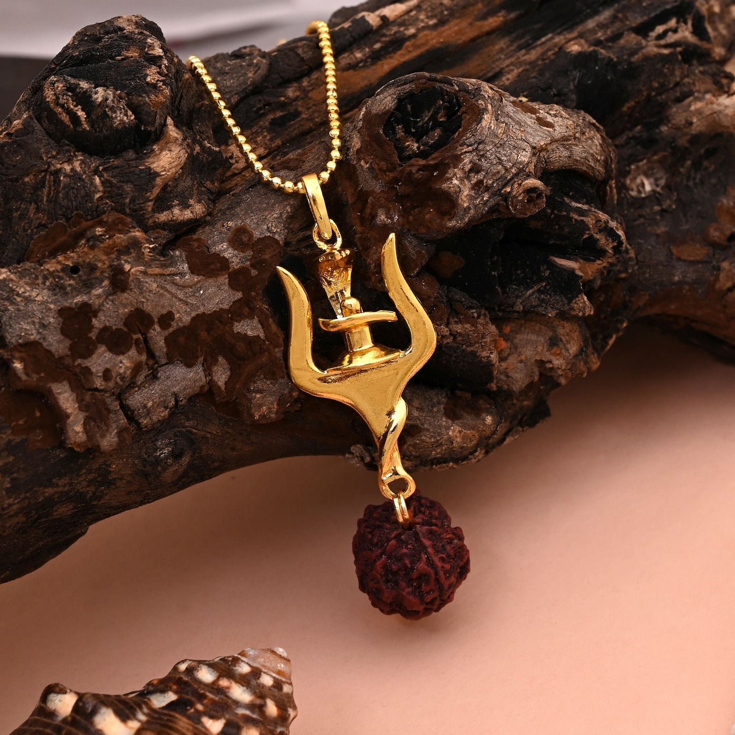 Gold Color Sacred Trishul Shiva Rudraksha Mala Chain Necklace For Men