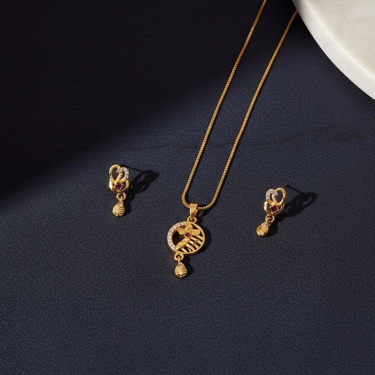 Gold Color Chain Pendant With Earring Designed For Versatile Traditional Jewelry Use