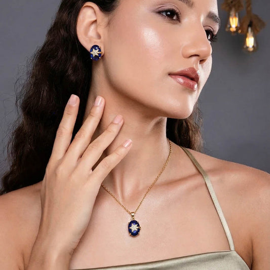 Blue Color Trendy Chain Pendant With Earring In Meenakari Necklace Set Pattern
