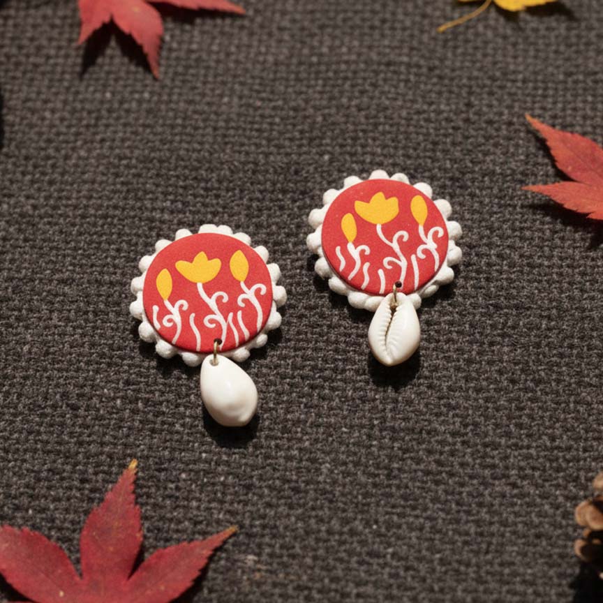 Orange Color Wooden Handcraft Earrings With Artistic Finish For Everyday Fashion