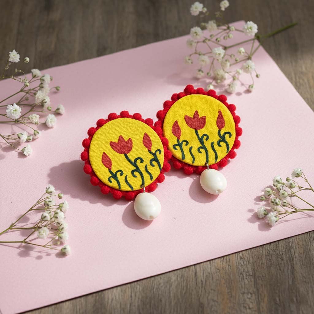 Gelbe handgefertigte Ohrringe aus Holz mit künstlerischem Perlendesign für den Boho-Stil