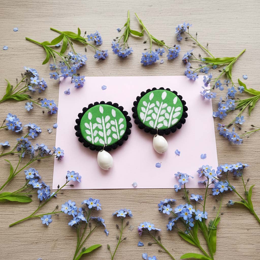 Green Color Wooden Handcraft Earrings With Leaf Motif For Ethnic Wear