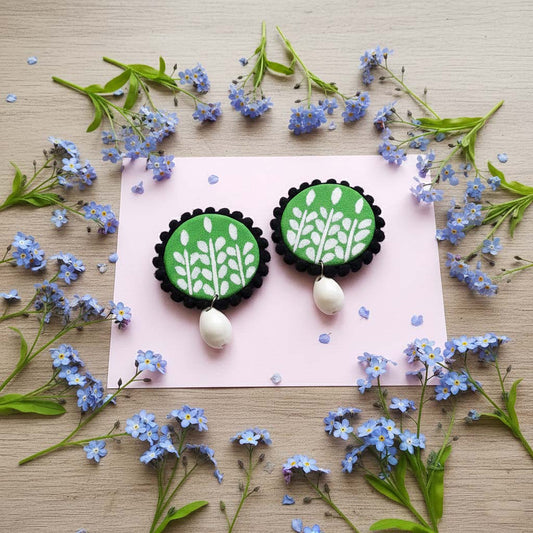 Green Color Wooden Handcraft Earrings With Leaf Motif For Ethnic Wear