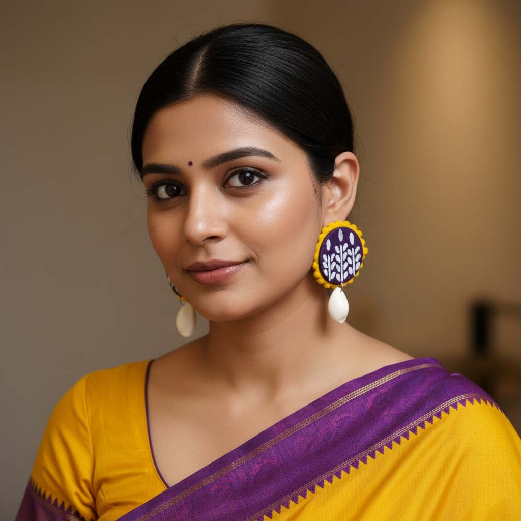 Purple Color Wooden Handcraft Earrings With Handcrafted Artistic Bohemian Touch