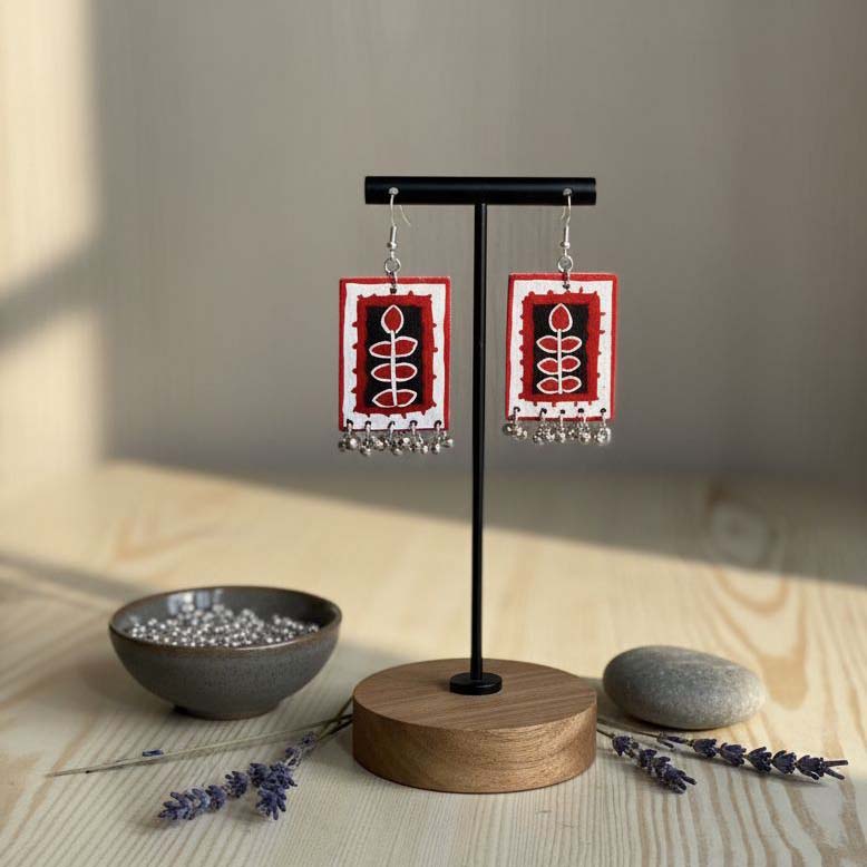 Red & Black Color Wooden Handcraft Earrings With Bold Artistic Handmade Ethnic Fusion Style