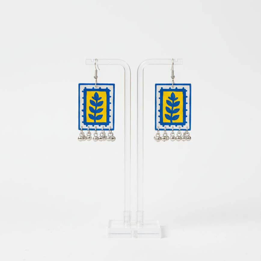 Turquoise Blue & Yellow Color Wooden Handcraft Earrings Crafted With Trendy Handcrafted Fusion Designs