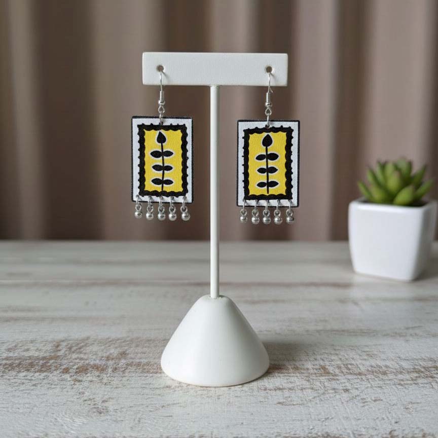 Yellow & Black Color Wooden Handcraft Earrings Featuring Contemporary Tribal Inspired Handmade Art