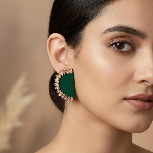 Green Color Wooden Handcraft Earrings With Classic Cultural Inspired Finish