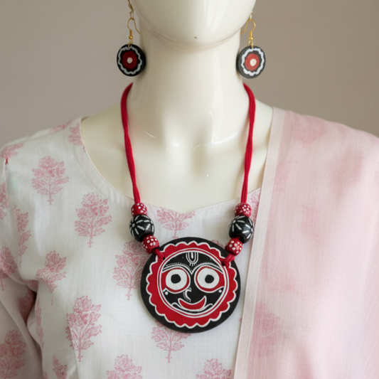 Classic Black & Maroon Color Wooden Handcraft Necklace Set With Rustic Look