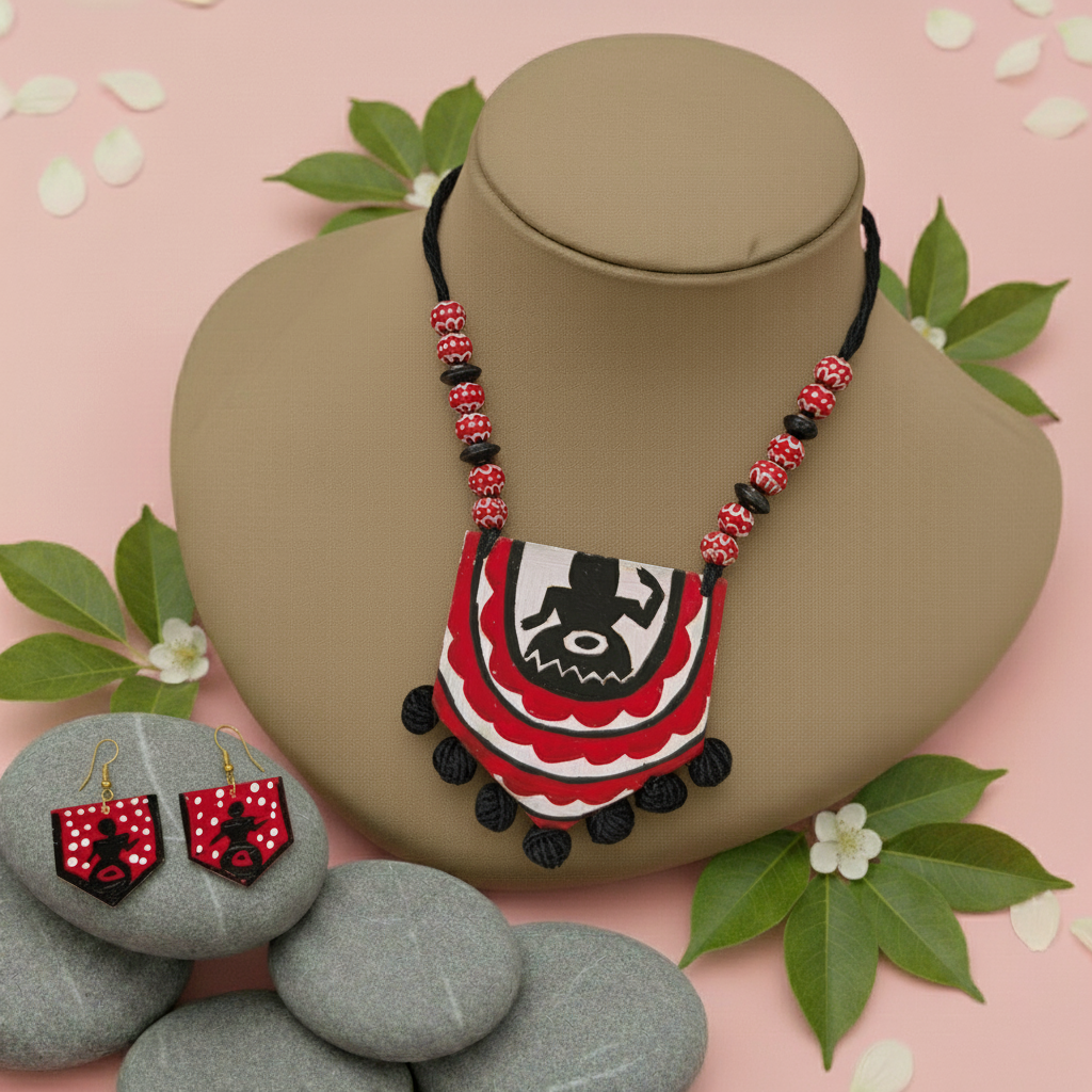 Wunderschönes handgefertigtes Halsketten-Set aus Holz in Schwarz und Kastanienbraun für traditionelle Outfits