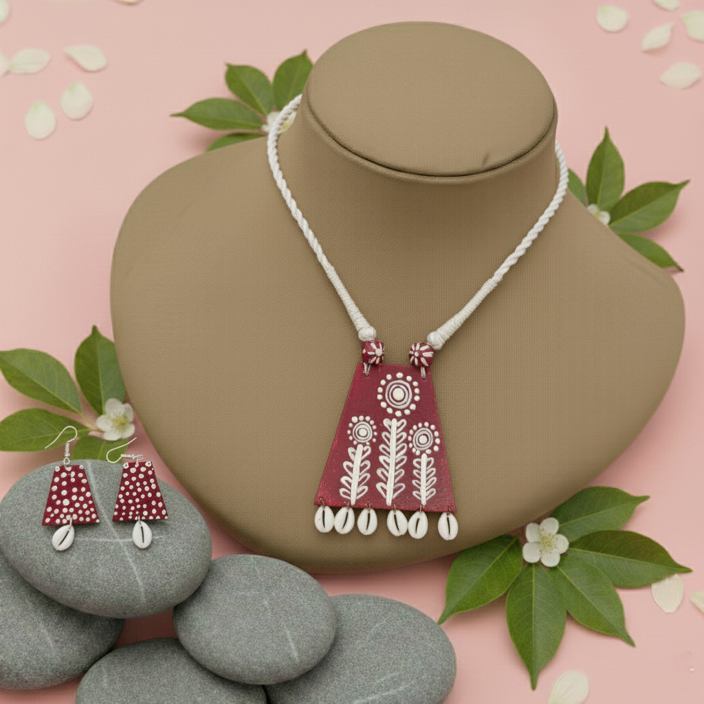 Handgefertigtes Halsketten-Set aus Holz in Kastanienbraun und Weiß für festlichen und Party-Stil