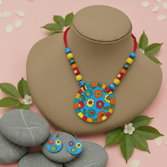 Chic Multi Color Wooden Handcraft Necklace Set With Vibrant Bead Arrangement
