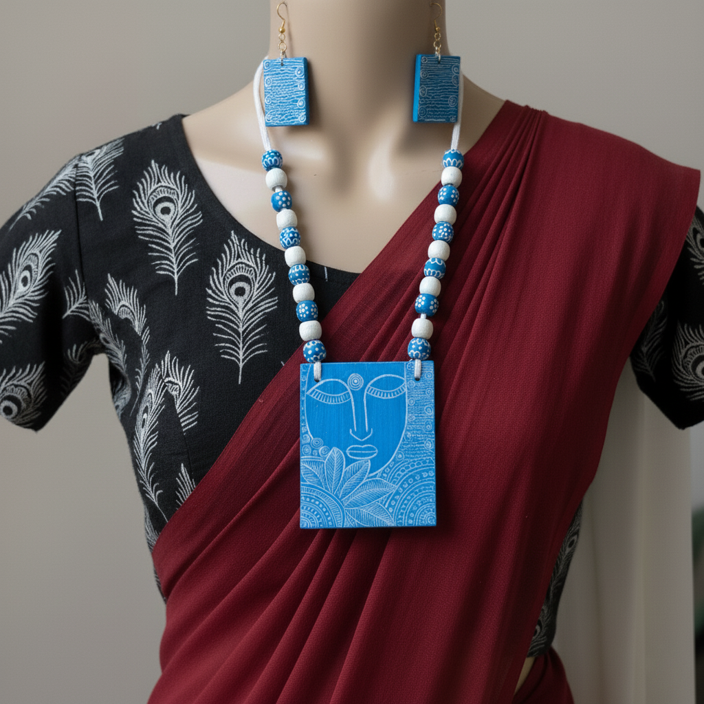 Stilvolles, handgefertigtes Halskettenset aus Holz in blauer Farbe mit handgefertigtem künstlerischem Finish