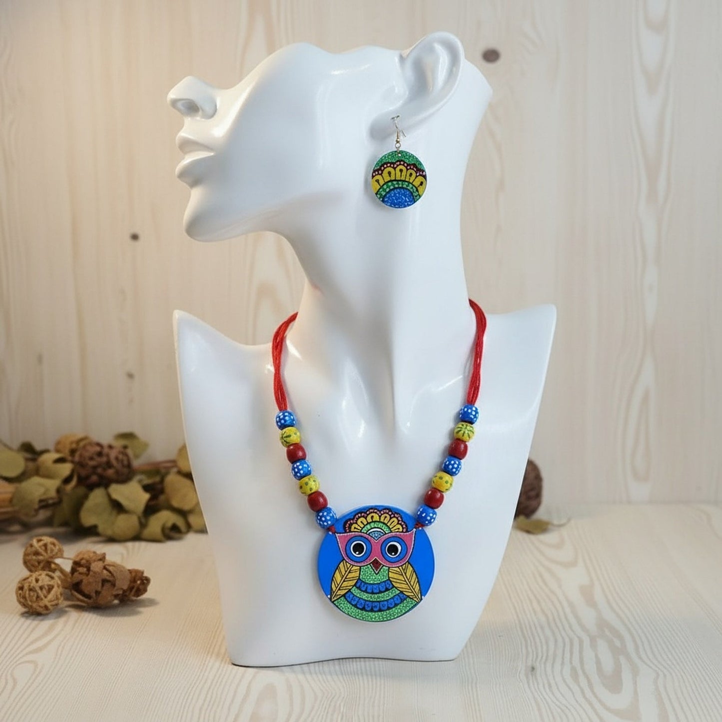 Multi Color Wooden Handcraft Necklace Set Featuring Vibrant Ethnic Patterns For Festive Wear