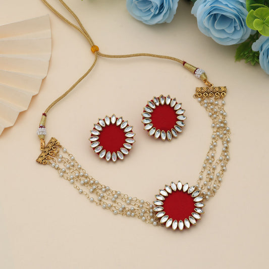 Red Color Choker Wooden Handcraft Necklace Set Classic Festive Traditional Statement Jewelry Collection