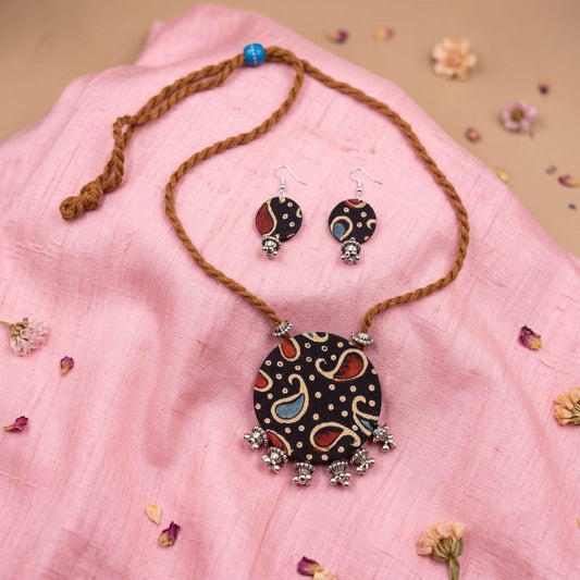 Colorfully Crafted Multi Color Fabric Handcraft Necklace Set With Dangle Earrings