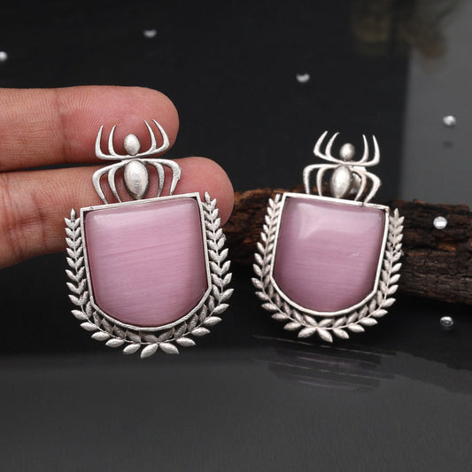 Pink Color Oxidised Earrings With Engraved Pattern In Festive Style