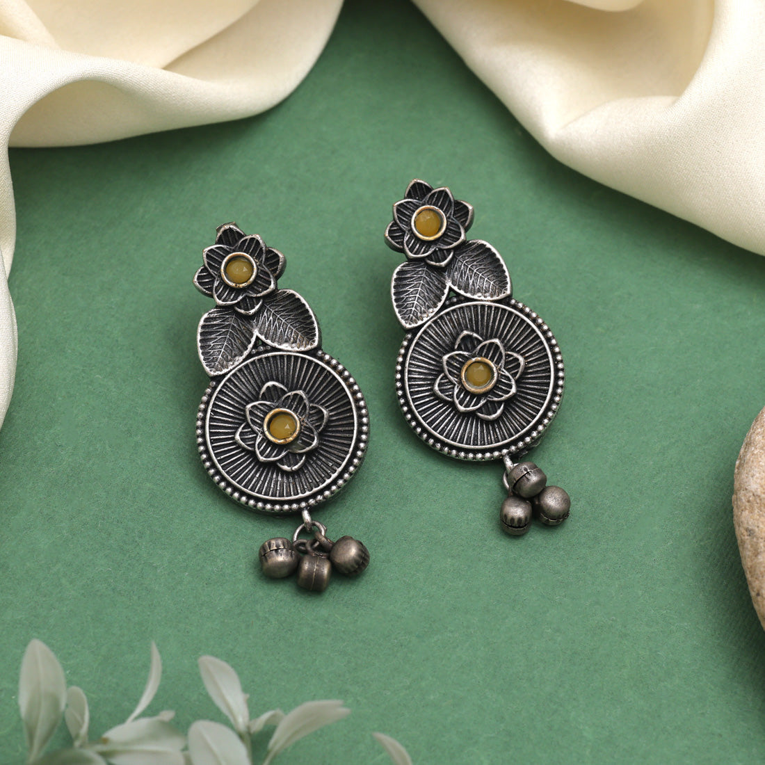Yellow Color Oxidised Earrings With Antique Design For Festive Look