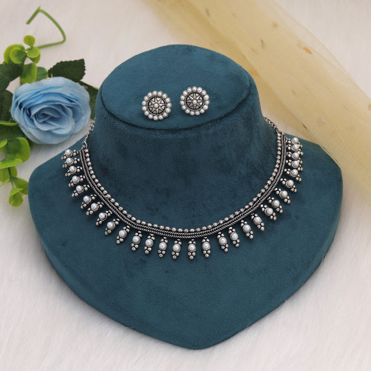 Silver Color Oxidised Necklace Set With Traditional Ethnic Design For Women