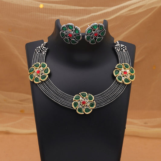 Green Color Dual Tone Oxidised Necklace Set For Festive Traditional Wear