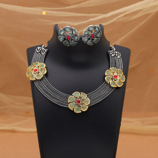 Pista Green Color Dual Tone Oxidised Necklace Set With Elegant Styling