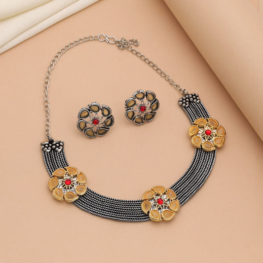 Yellow Color Dual Tone Oxidised Necklace Set With Vibrant Ethnic Charm