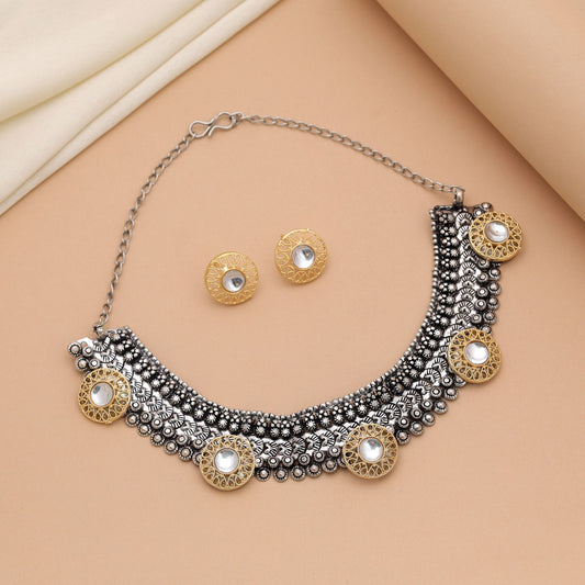 White Color Dual Tone Oxidised Necklace Set Featuring Traditional Craftsmanship