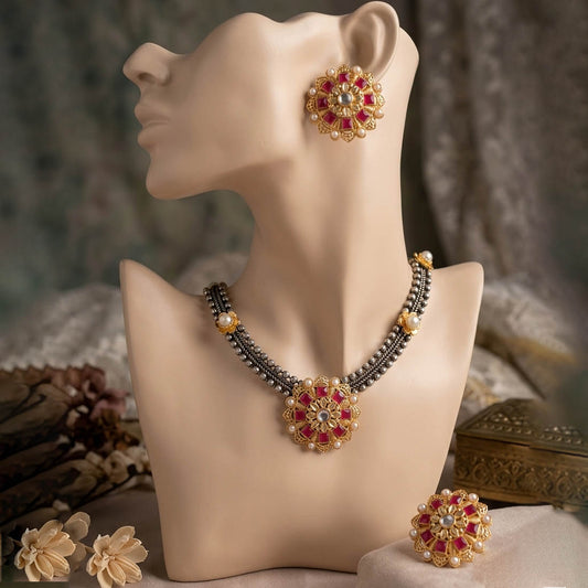 Rani Color Oxidised Necklace Set with Premium Dual Tone Styling
