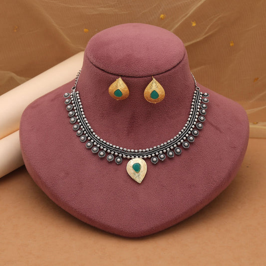 Green Color Dual Tone Oxidised Necklace Set With Handcrafted Appeal