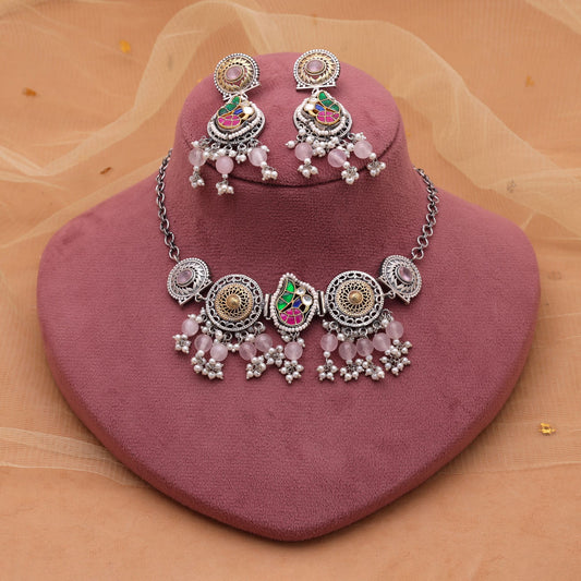 Light Pink Color Choker Dual Tone Oxidised Necklace Set With Elegant Oxidised Earrings