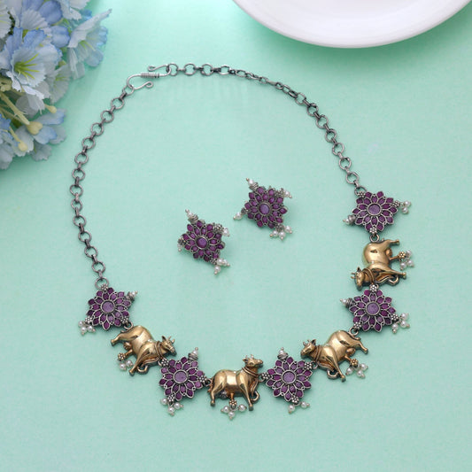 Rani Color Dual Tone Oxidised Necklace Set With Beautiful Oxidised Earrings Pair