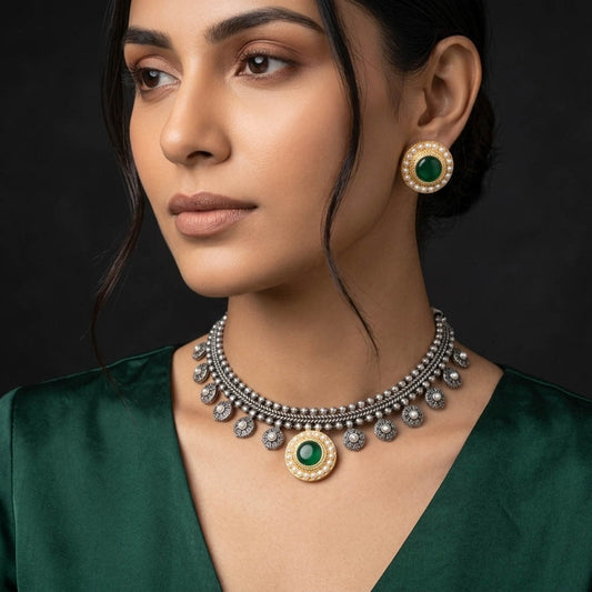 Green Color Oxidised Necklace Set with Traditional Dual Tone Beauty