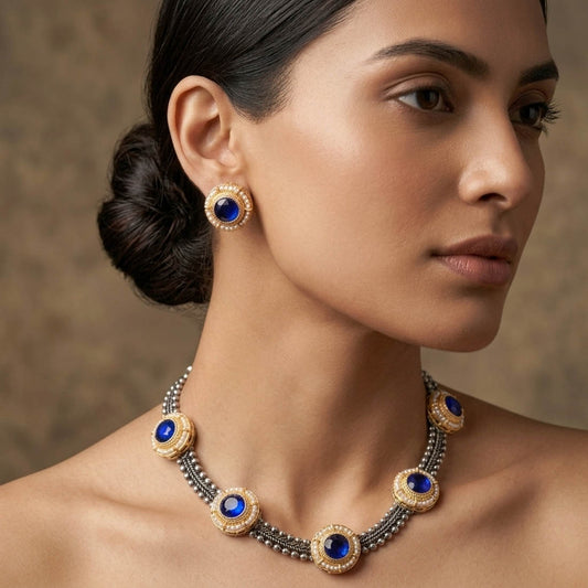 Blue Color Oxidised Necklace Set with Ethnic Dual Tone Detailing