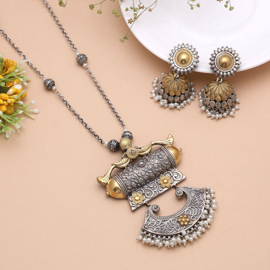 White Color Dual Tone Oxidised Necklace Set with Premium Traditional Finish
