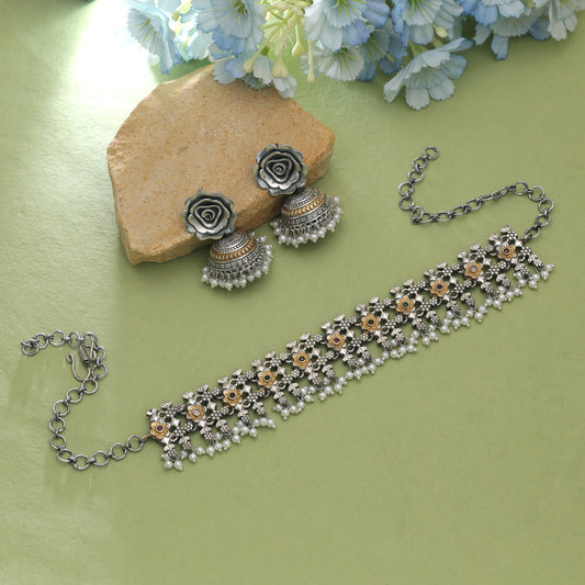 Multi Color Dual Tone Oxidised Necklace Set With Vibrant Traditional Design